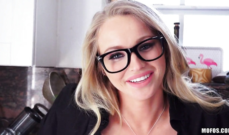 Bespectacled blonde has sex with a colleague in the workplac...